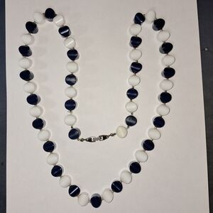 Navy & White Beaded Opera Necklace (Goldtone)